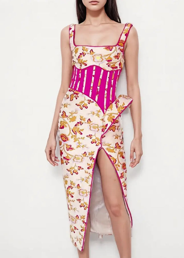 Floral & Fuchsia Corset Midi Dress