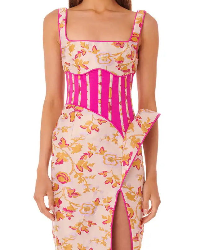 Floral & Fuchsia Corset Midi Dress