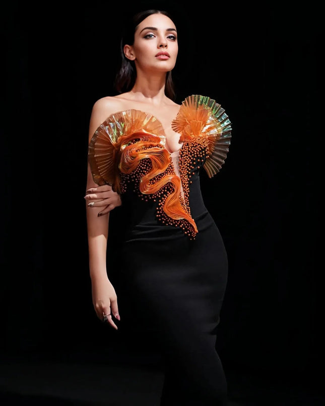 Black & Sunset Pearl Embellished Strapless Dress