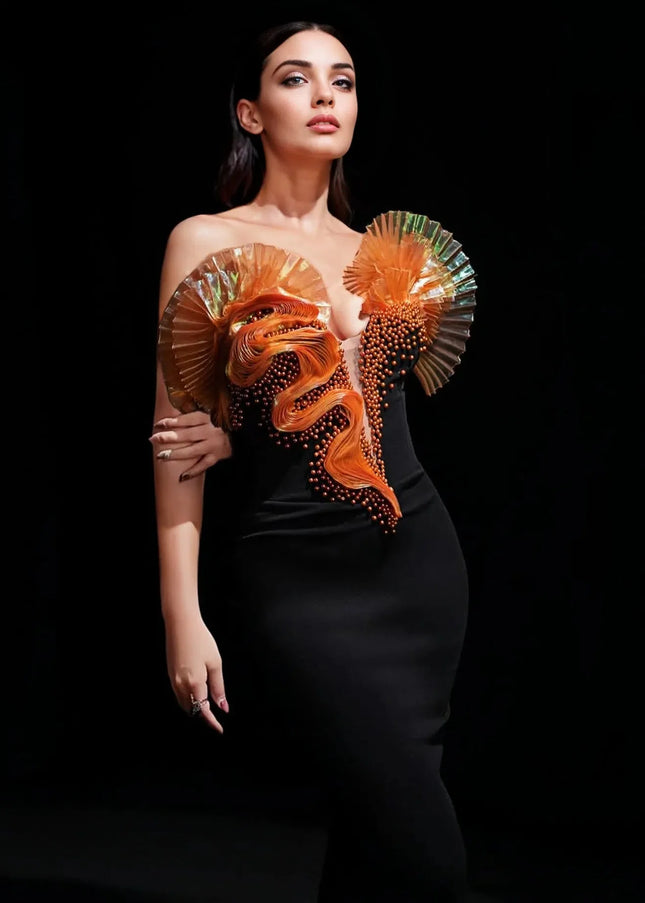 Black & Sunset Pearl Embellished Strapless Dress