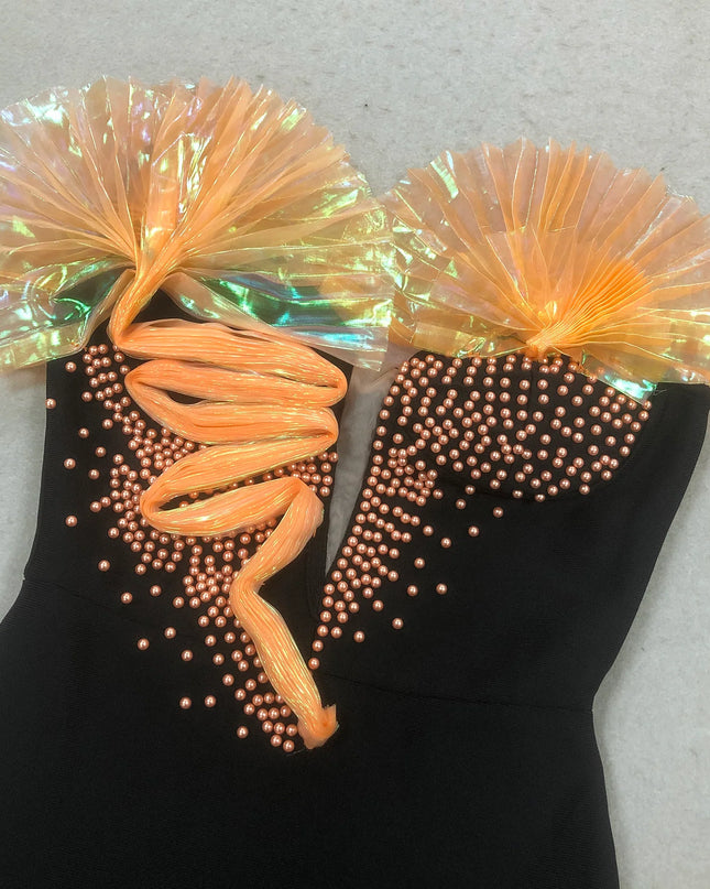 Black & Sunset Pearl Embellished Strapless Dress