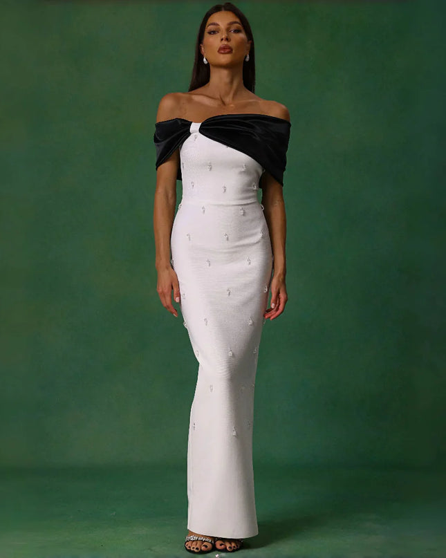 Pearl-Beaded Off-Shoulder Gown
