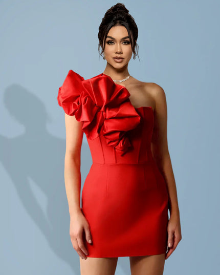 Crimson One-Shoulder Ruffle Mini Dress