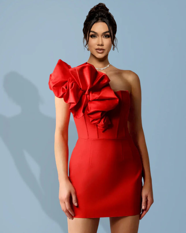 Crimson One-Shoulder Ruffle Mini Dress