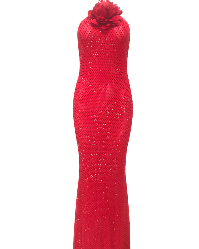 Scarlet Starlight Halter Gown with 3D Floral Collar