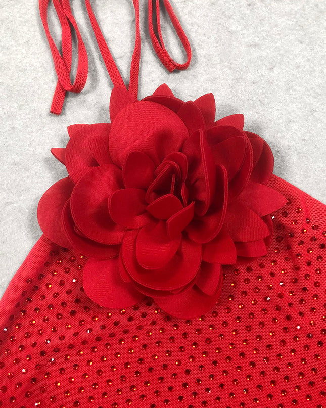 Scarlet Starlight Halter Gown with 3D Floral Collar