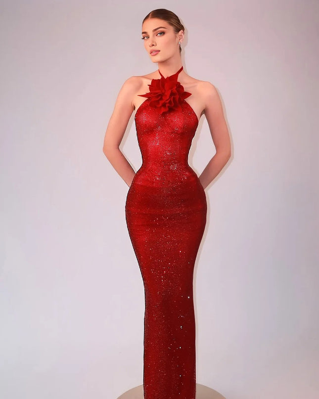 Scarlet Starlight Halter Gown with 3D Floral Collar