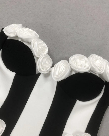 Monochrome Striped Corset Mini Dress with 3D Rosettes