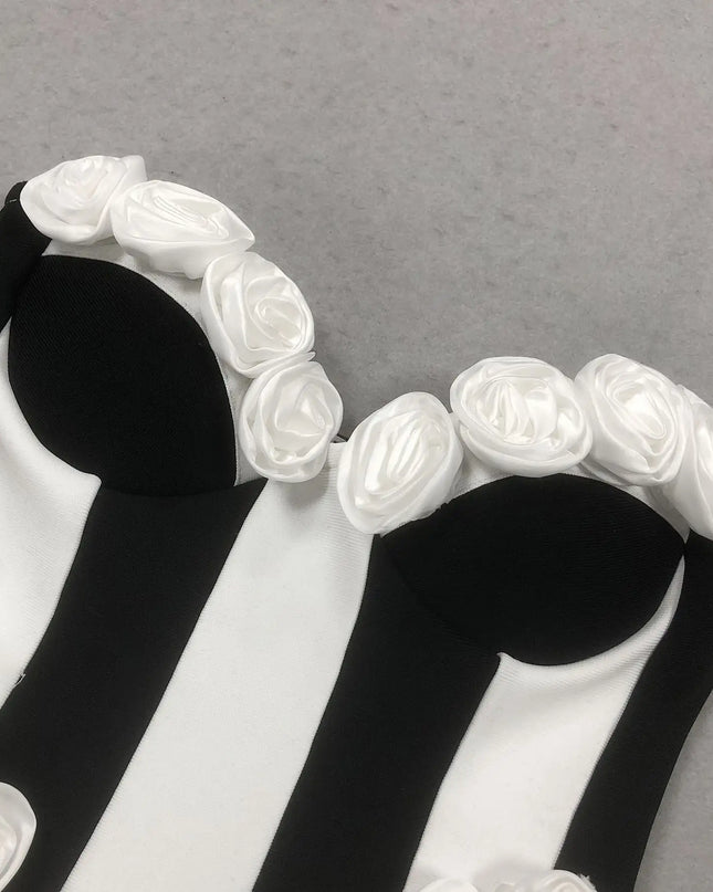 Monochrome Striped Corset Mini Dress with 3D Rosettes