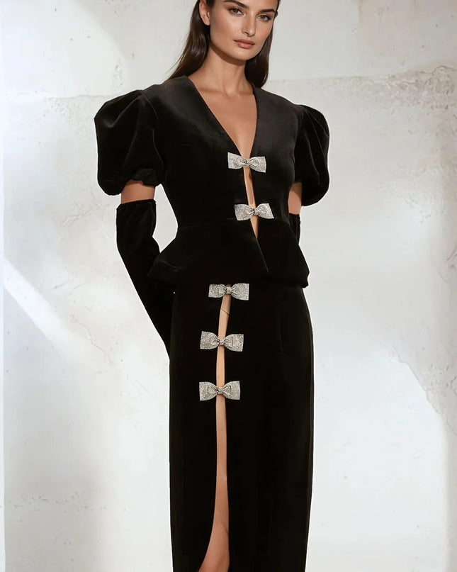 Black Velvet Peplum Skirt Set with Crystal Bows and Gloves