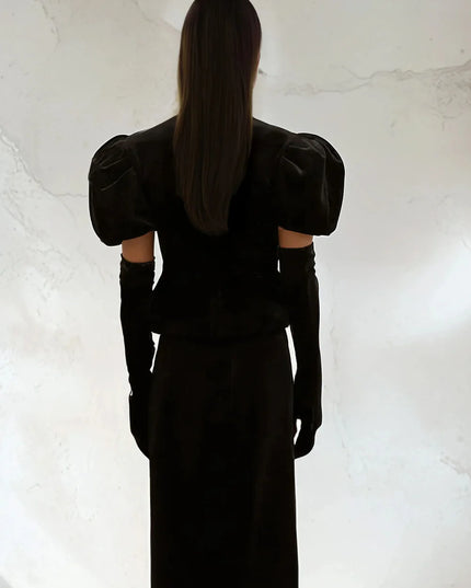 Black Velvet Peplum Skirt Set with Crystal Bows and Gloves