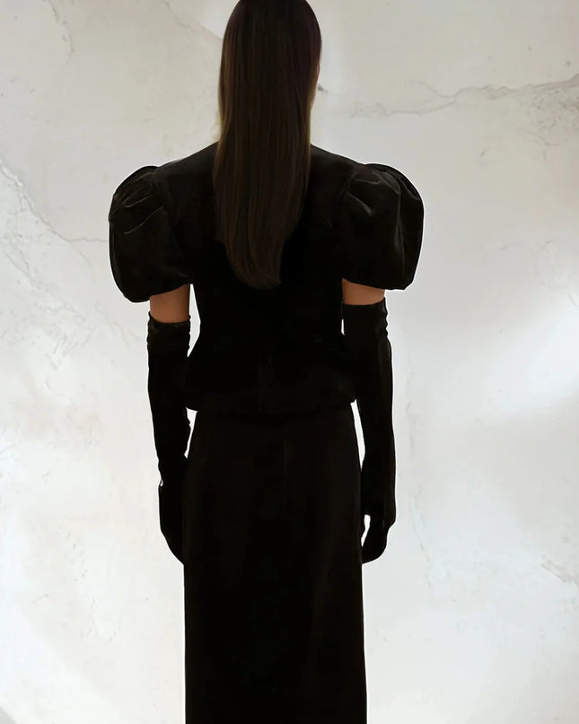 Black Velvet Peplum Skirt Set with Crystal Bows and Gloves