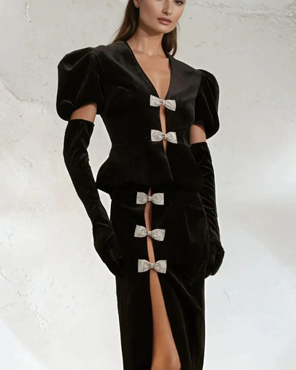 Black Velvet Peplum Skirt Set with Crystal Bows and Gloves