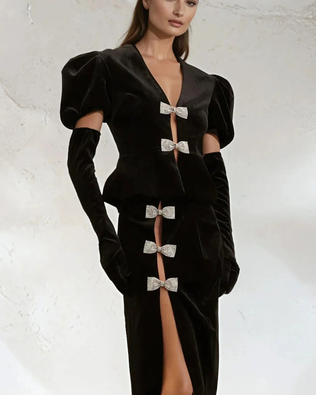 Black Velvet Peplum Skirt Set with Crystal Bows and Gloves