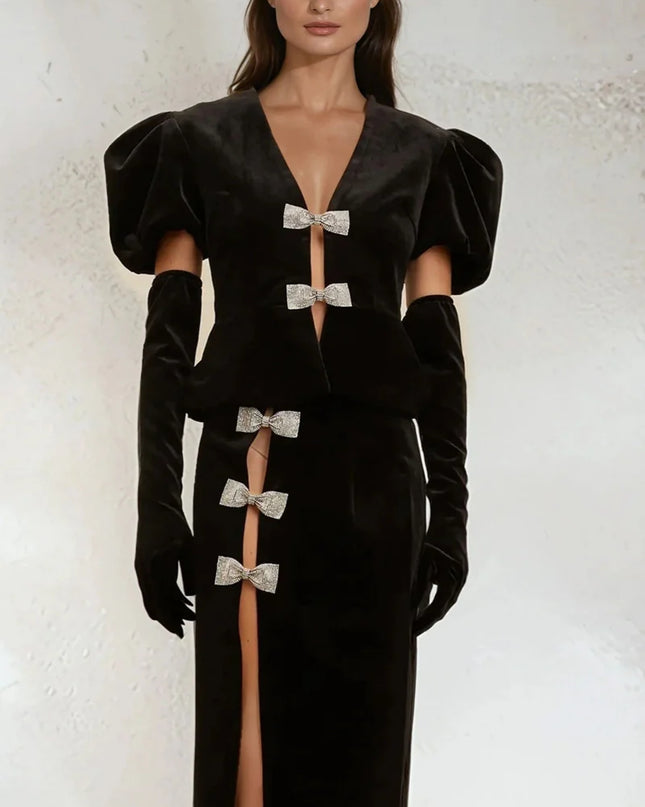 Black Velvet Peplum Skirt Set with Crystal Bows and Gloves