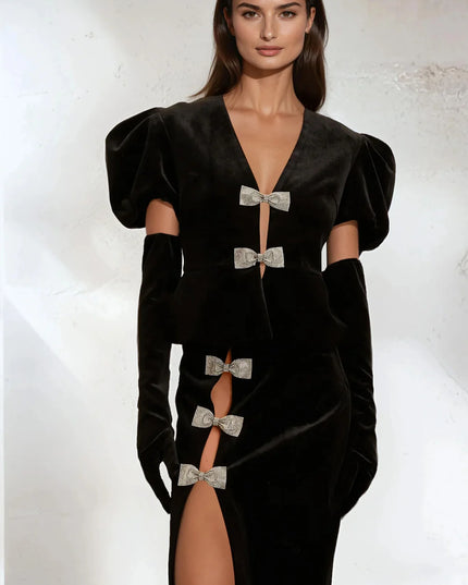Black Velvet Peplum Skirt Set with Crystal Bows and Gloves