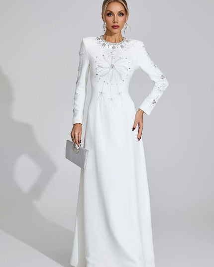 White Crystal Embellished Long Sleeve Maxi Gown – Elegant Evening Dress