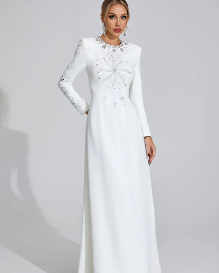 White Crystal Embellished Long Sleeve Maxi Gown – Elegant Evening Dress