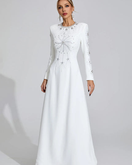 White Crystal Embellished Long Sleeve Maxi Gown – Elegant Evening Dress