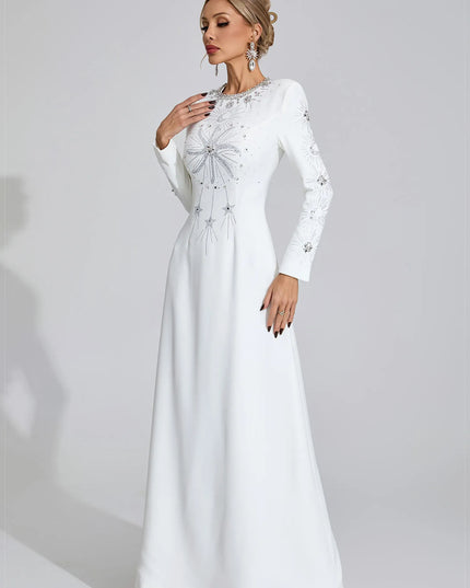 White Crystal Embellished Long Sleeve Maxi Gown – Elegant Evening Dress