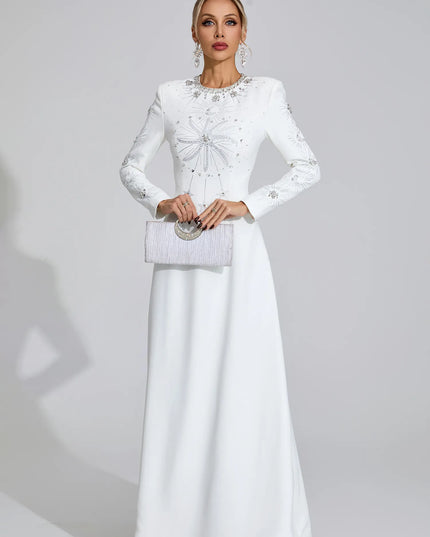 White Crystal Embellished Long Sleeve Maxi Gown – Elegant Evening Dress