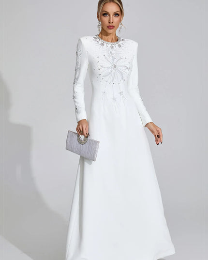 White Crystal Embellished Long Sleeve Maxi Gown – Elegant Evening Dress