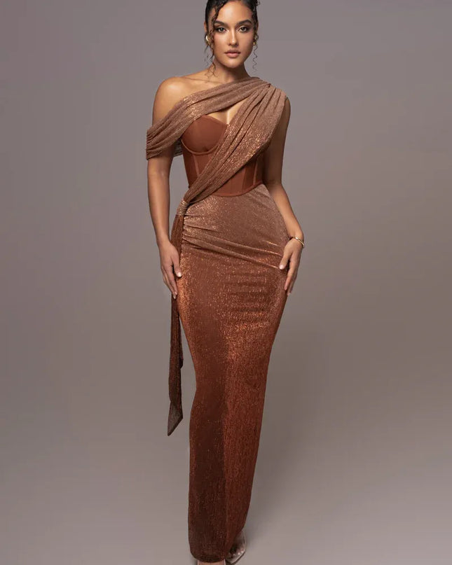 The Aurora Copper Corset Maxi Dress