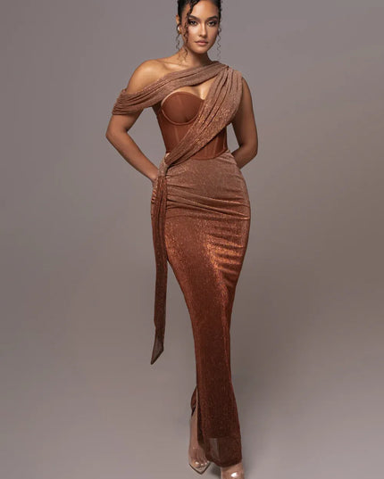 The Aurora Copper Corset Maxi Dress