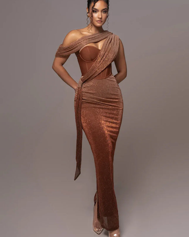 The Aurora Copper Corset Maxi Dress