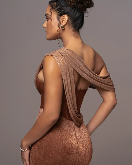 The Aurora Copper Corset Maxi Dress