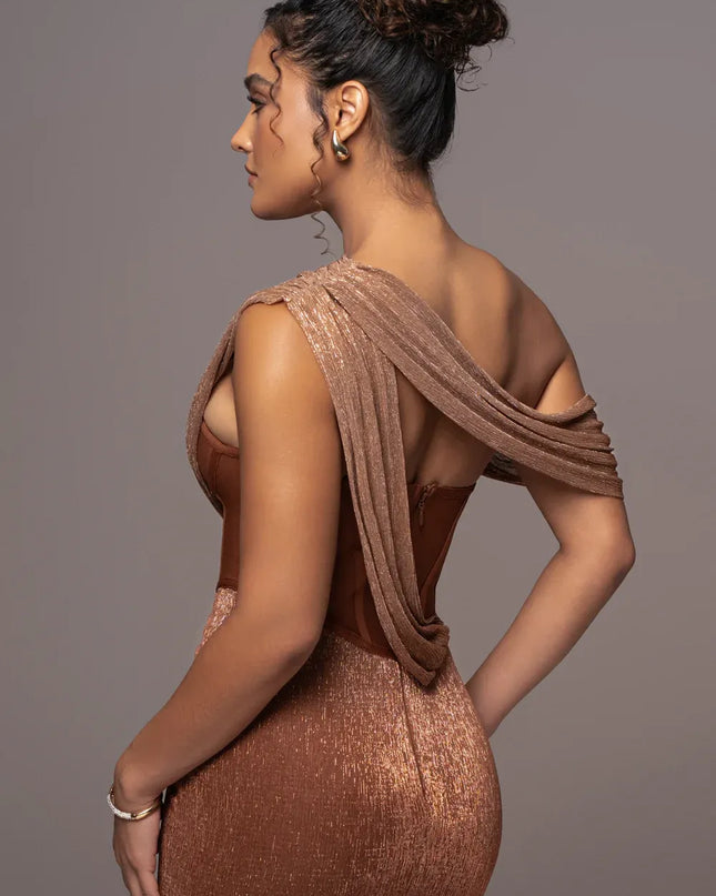 The Aurora Copper Corset Maxi Dress