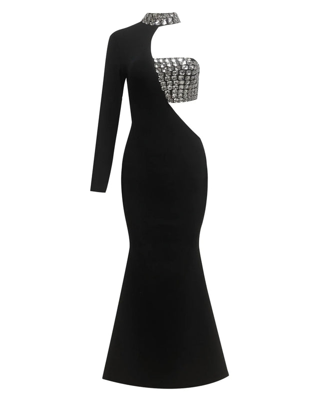 Asymmetric Long Sleeve Cut-Out Maxi Dress with Crystal Detail