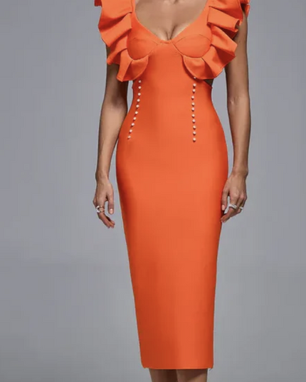 The Saffron Pearl Ruffle Bandage Dress