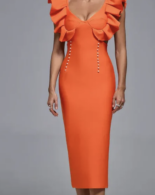 The Saffron Pearl Ruffle Bandage Dress