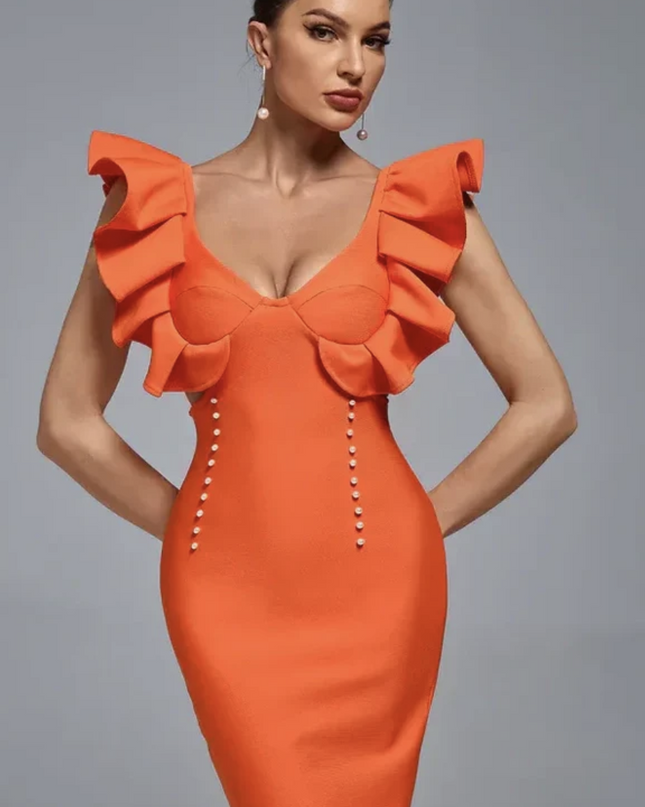 The Saffron Pearl Ruffle Bandage Dress