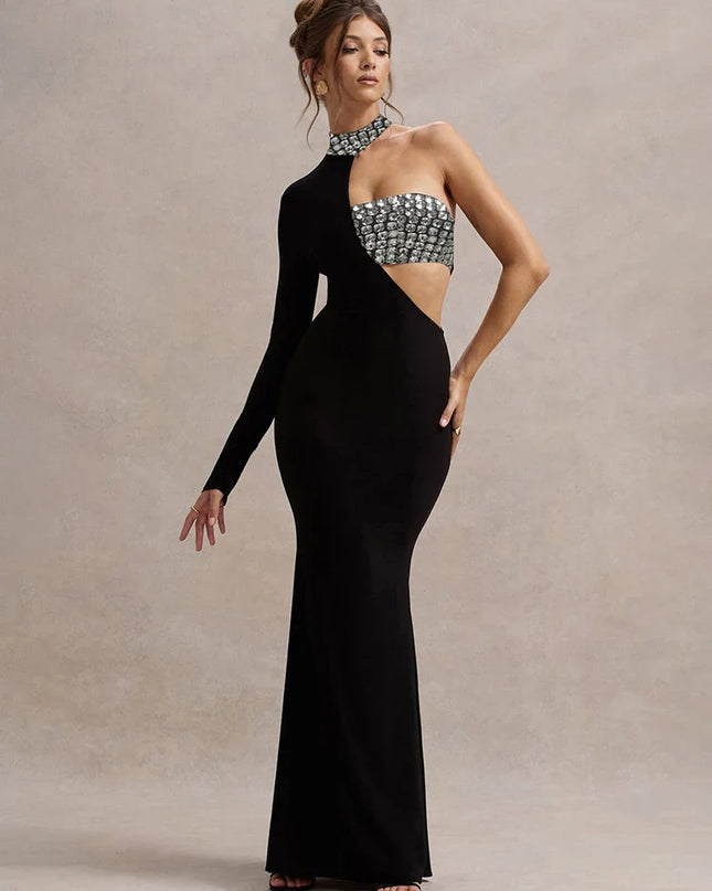 Asymmetric Long Sleeve Cut-Out Maxi Dress with Crystal Detail