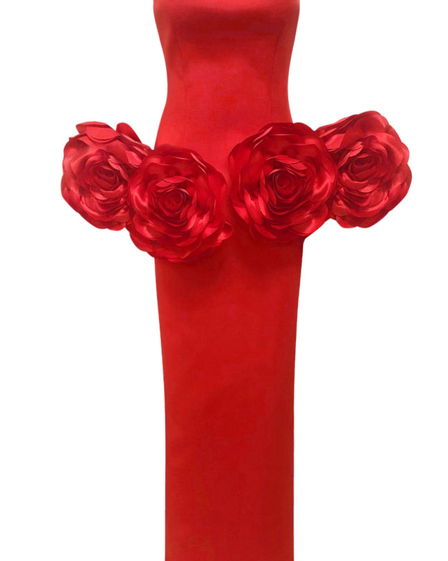 Crimson Bloom Strapless Mermaid Gown