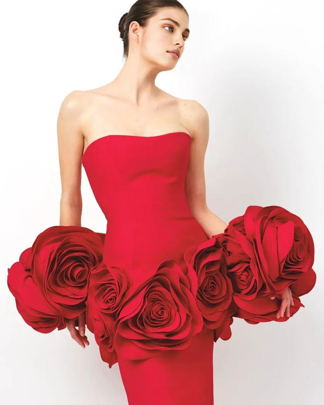 Crimson Bloom Strapless Mermaid Gown