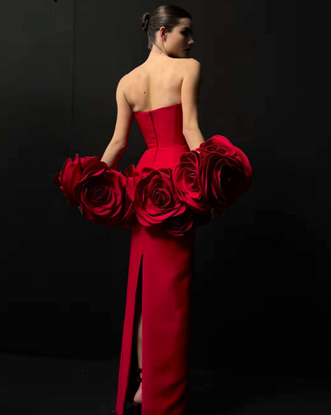 Crimson Bloom Strapless Mermaid Gown