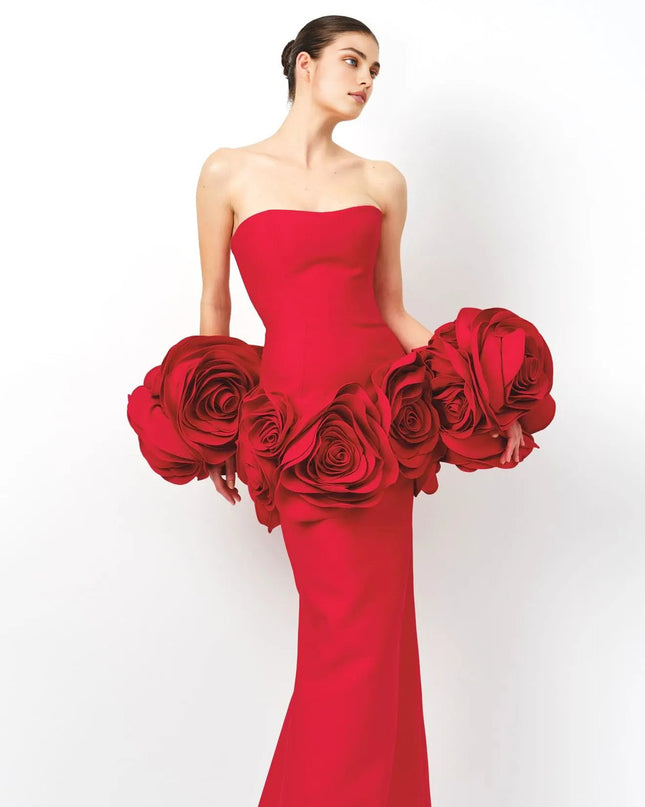 Crimson Bloom Strapless Mermaid Gown