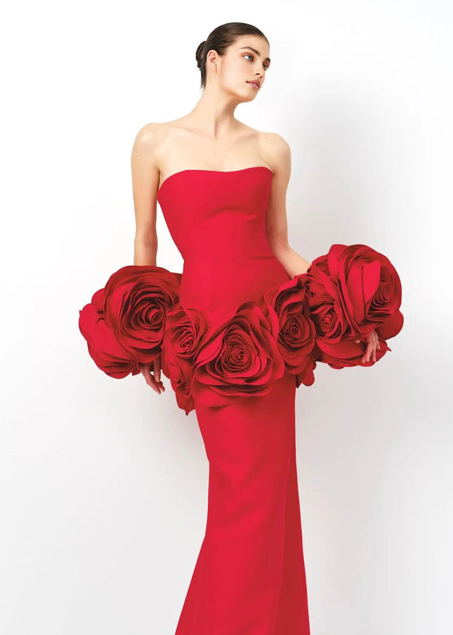 Crimson Bloom Strapless Mermaid Gown