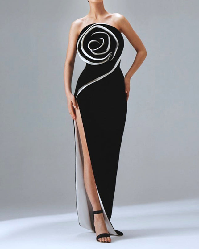 Dramatic Rose Strapless Maxi Dress with High Slit