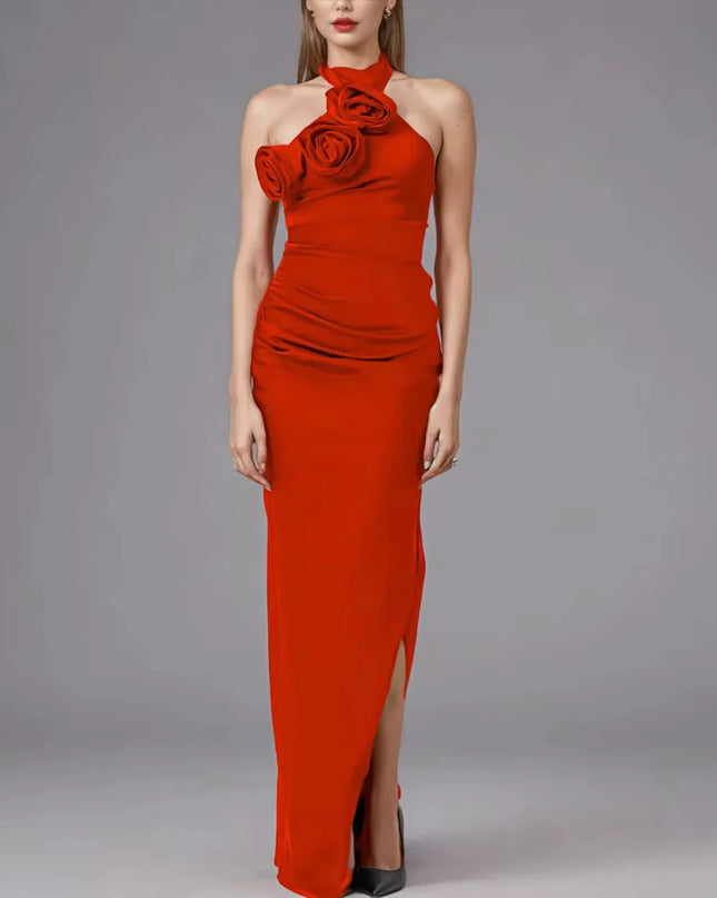 3D Rose Halter Neck Maxi Dress with Back Bow