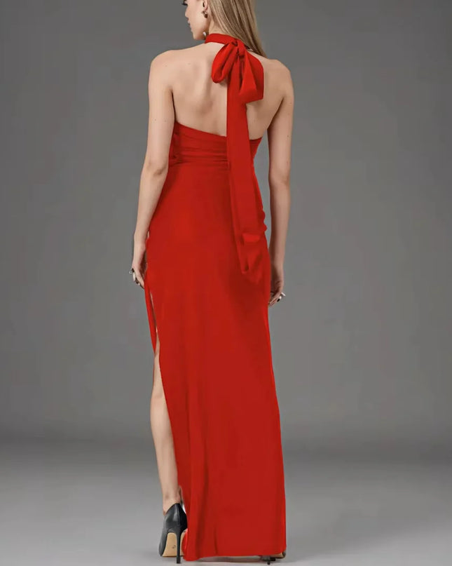 3D Rose Halter Neck Maxi Dress with Back Bow