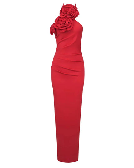 3D Rose Halter Neck Maxi Dress with Back Bow