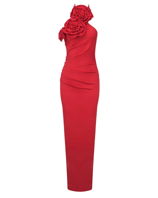 3D Rose Halter Neck Maxi Dress with Back Bow