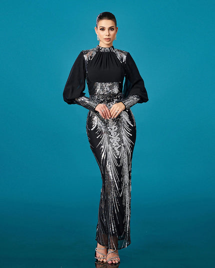Silver Sequined Embellished High-Neck Maxi Dress with Sleeves