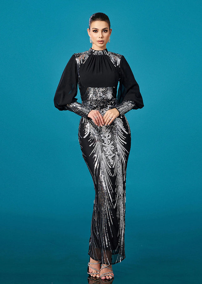 Silver Sequined Embellished High-Neck Maxi Dress with Sleeves