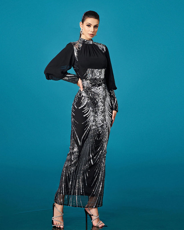 Silver Sequined Embellished High-Neck Maxi Dress with Sleeves