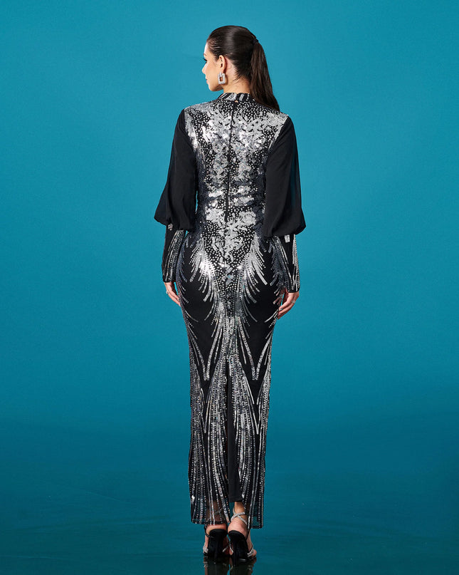 Silver Sequined Embellished High-Neck Maxi Dress with Sleeves